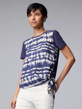 Simply Vera Vera Wang Navy Blue Side-Tie Dye Mixed Media Top Medium